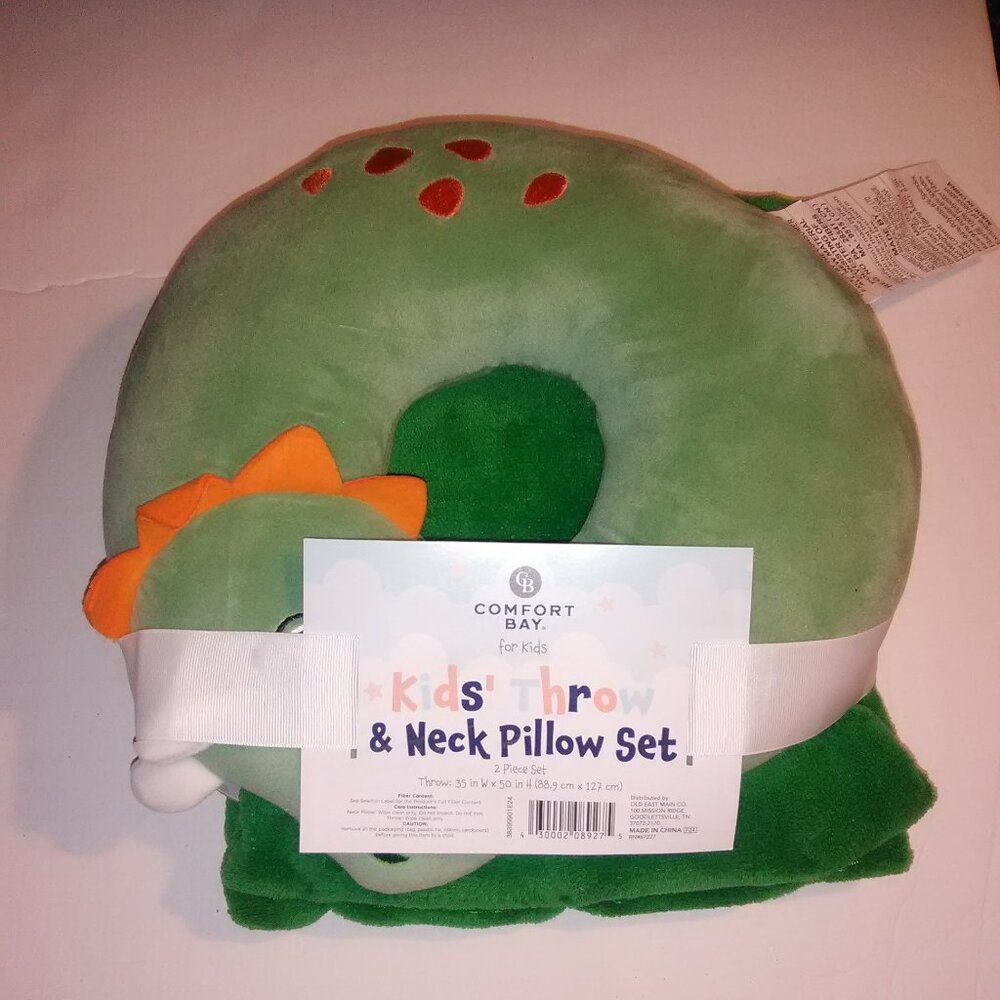 Comfort Bay Kids Green Dinosaur Throw & Neck Pillow Set